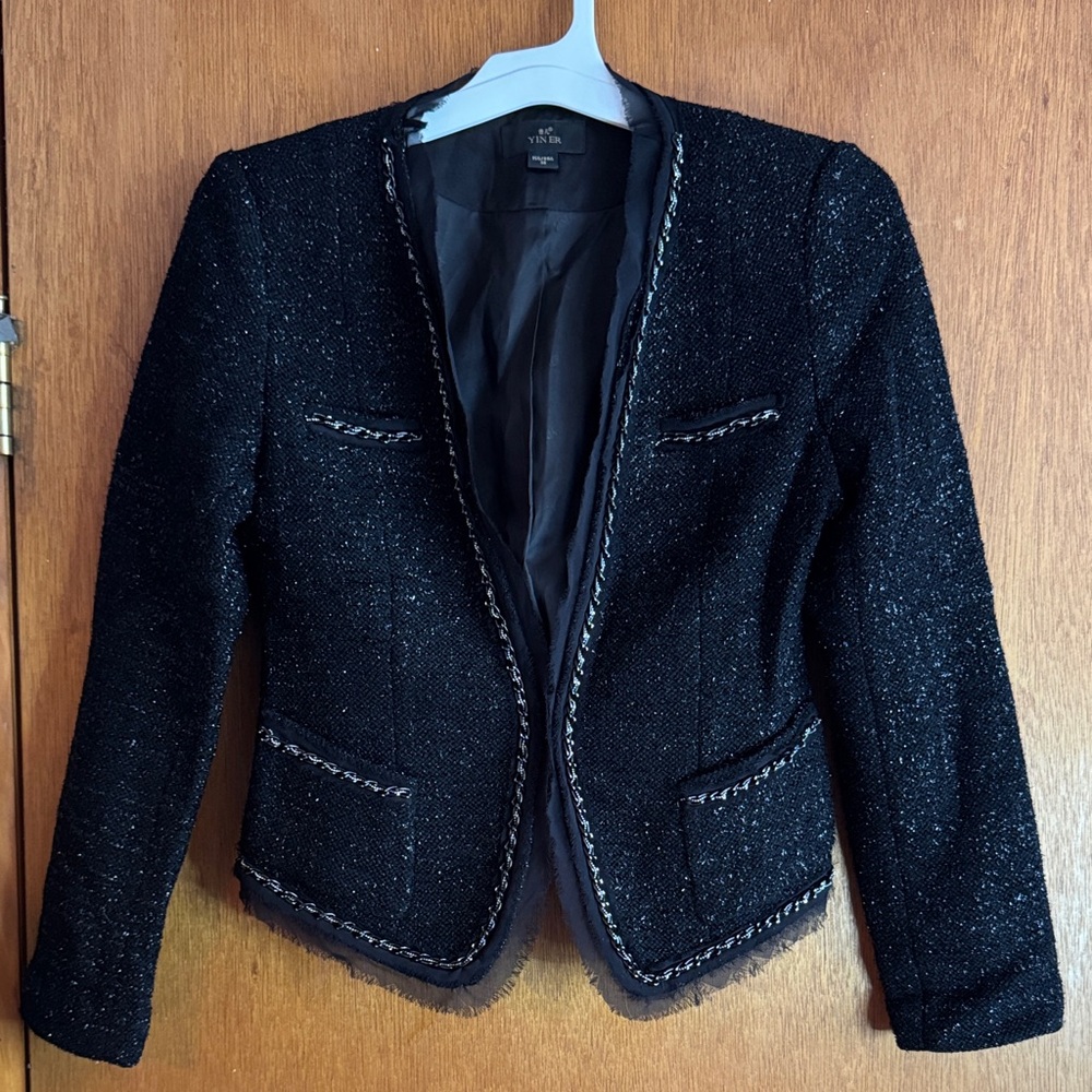 Yiner Black Tweed Blazer with silver threading and metal chain accents